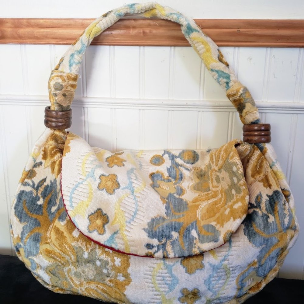 Handmade Womens Hobo Bag BOHO Velvet Floral Lined Cotton 17W x 11H Wood Trim